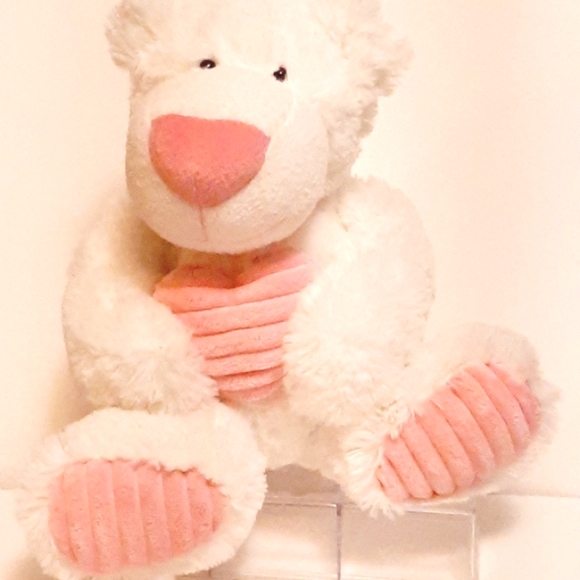 Aurora World White/Pink Bear Plush 10" With Textured Ribbed Heart And Feet - Picture 1 of 10